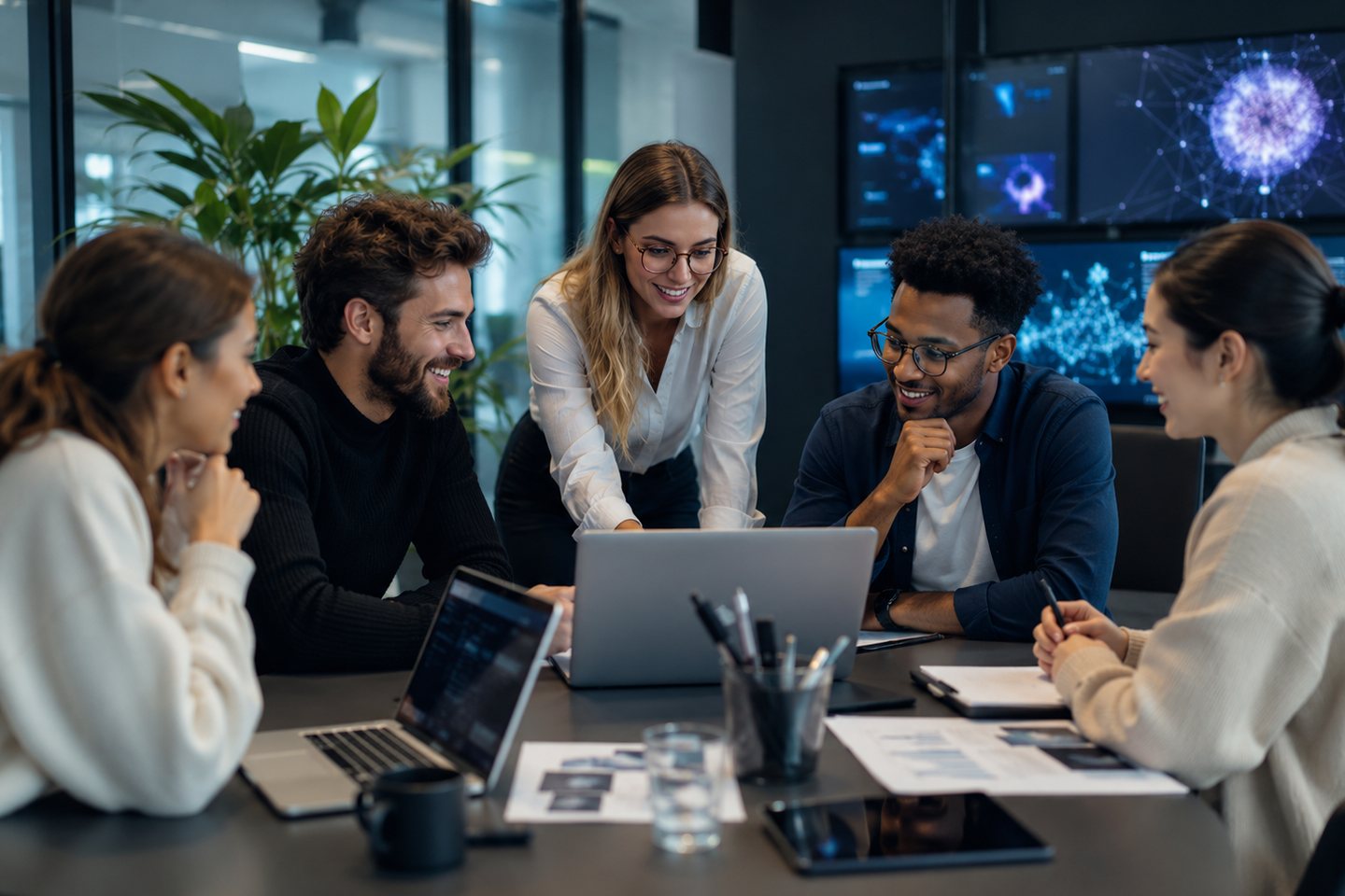 Équipe réunie autour d’un tableau de bord pendant un atelier de formation à l’intelligence artificielle