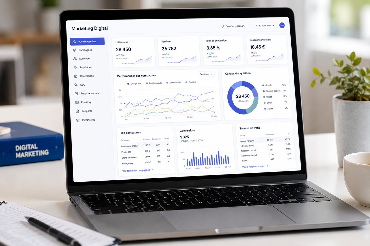 Tableau de visibilité SEO pour organiser les pages et demandes entrantes.