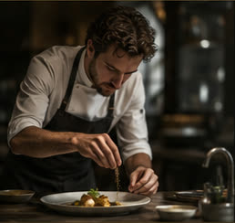 Chef dressant une assiette en cuisine