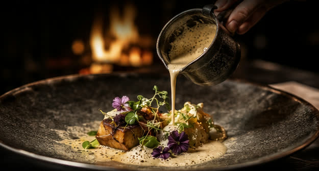 Assiette gastronomique nappée de sauce devant un feu