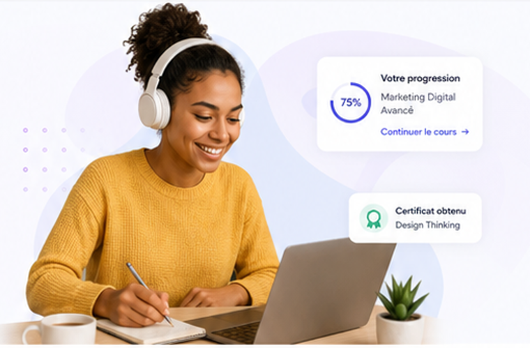 Apprenante avec casque, ordinateur et cartes de progression